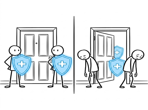 Illustration of guards with shields at calm houses.