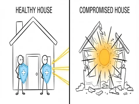 Illustration of cleanup and rebuilding after a house clears.